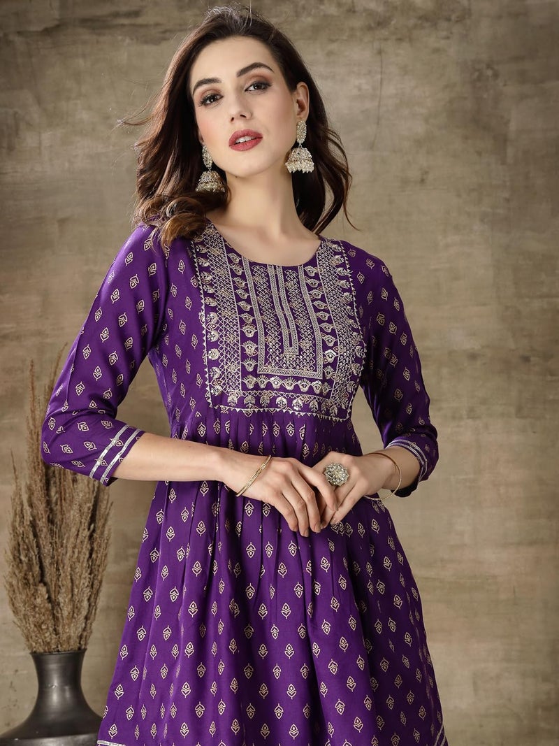 Stylum Women's Printed & Embroidered Rayon A-Line Kurti With Dhoti Pant - Image 3