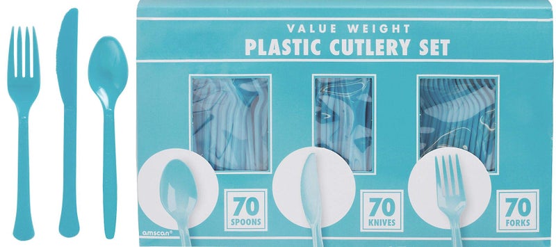 Amscan Carribean Blue Plastic Heavy Weight Assorted Cutlery (200 Count) - Premium Disposable Plastic and Sturdy Cutlery  Perfect for Home Use and All Kinds of Occasions