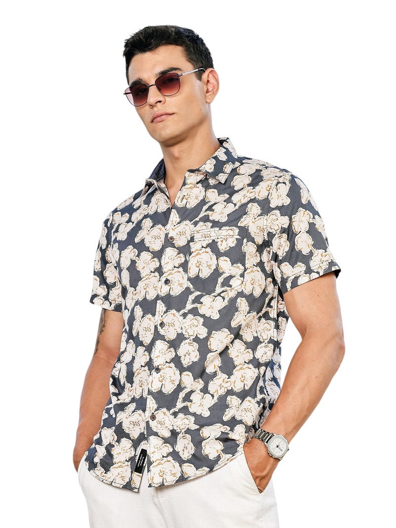 Thomas Scott Men's | All Over Printed | Spread Collar | 100% Cotton | Short Sleeve | Shirts for Men (Available in Plus Size) Grey - Image 1