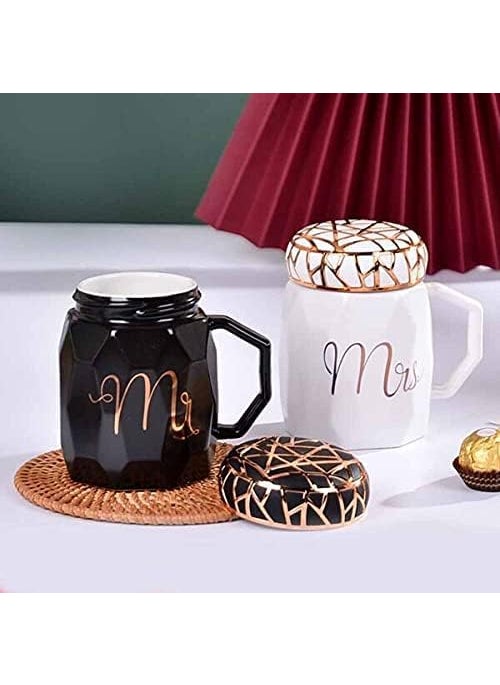 bizwiz bizwiz Orbit House Mr and Mrs Coffee Mugs Set of 2 Gifts for CoupleBride GroomCeramic Marble Cups for Bridal Engagement Wedding Anniversary MR MRS Mug Black White with LID  - Image 5