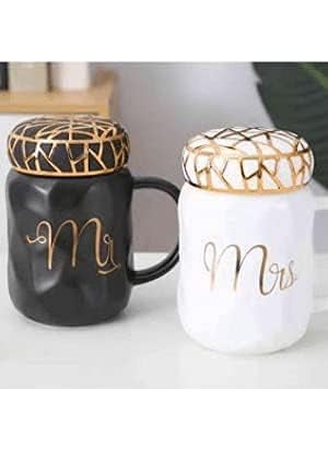bizwiz bizwiz Orbit House Mr and Mrs Coffee Mugs Set of 2 Gifts for CoupleBride GroomCeramic Marble Cups for Bridal Engagement Wedding Anniversary MR MRS Mug Black White with LID  - Image 3