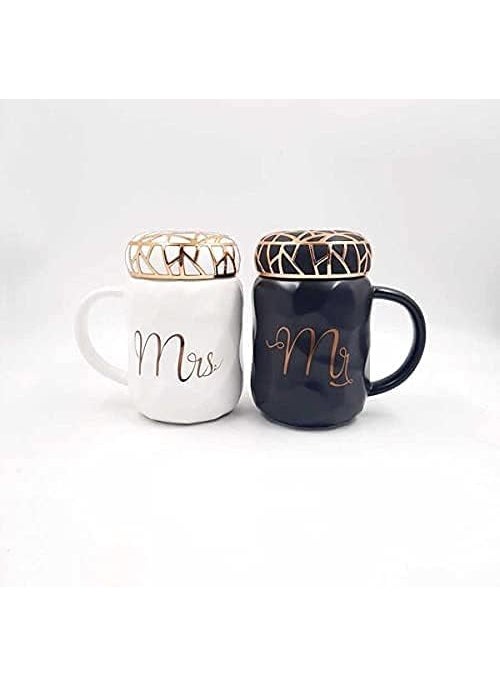 bizwiz bizwiz Orbit House Mr and Mrs Coffee Mugs Set of 2 Gifts for CoupleBride GroomCeramic Marble Cups for Bridal Engagement Wedding Anniversary MR MRS Mug Black White with LID  - Image 1