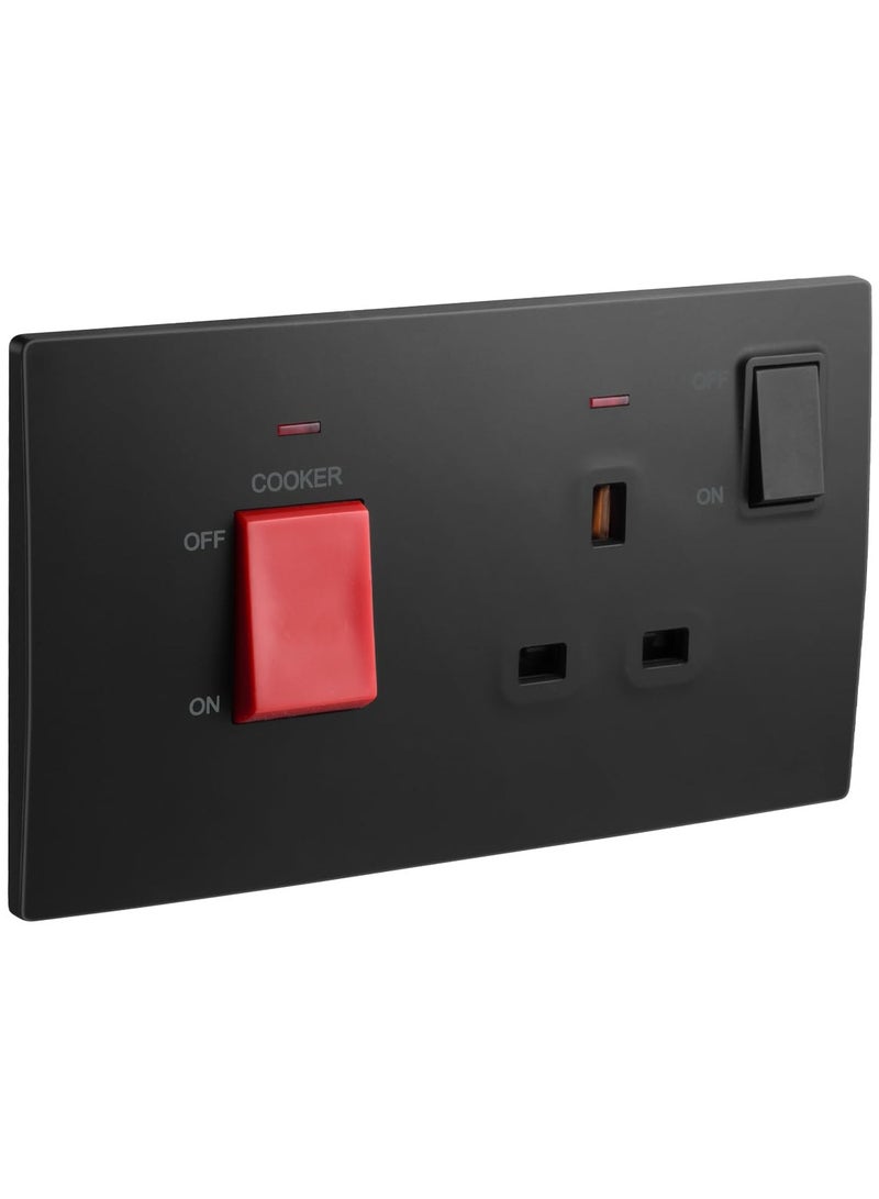 RACO RACO Legrand Mallia Senses 2-Gang Cooker Unit Control - 45A Double Pole Switch and 13A Switched Socket with indicator, Matt Black - Image 1