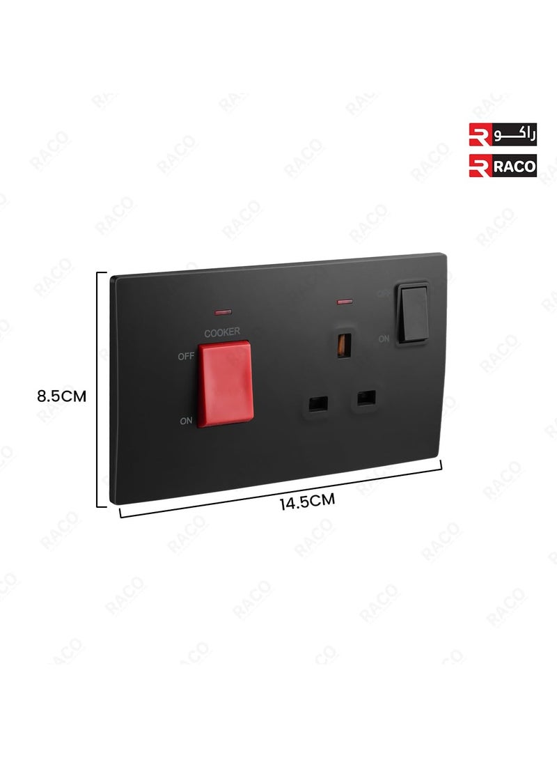 RACO RACO Legrand Mallia Senses 2-Gang Cooker Unit Control - 45A Double Pole Switch and 13A Switched Socket with indicator, Matt Black - Image 2