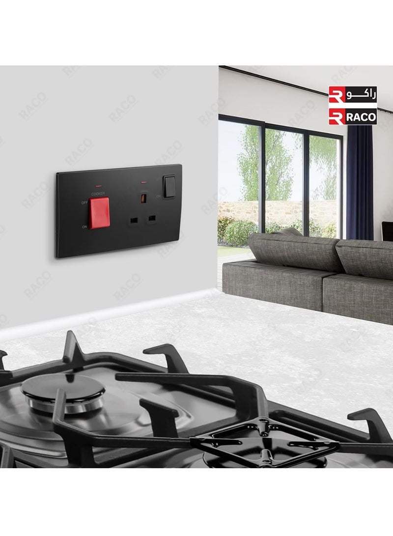 RACO RACO Legrand Mallia Senses 2-Gang Cooker Unit Control - 45A Double Pole Switch and 13A Switched Socket with indicator, Matt Black - Image 4