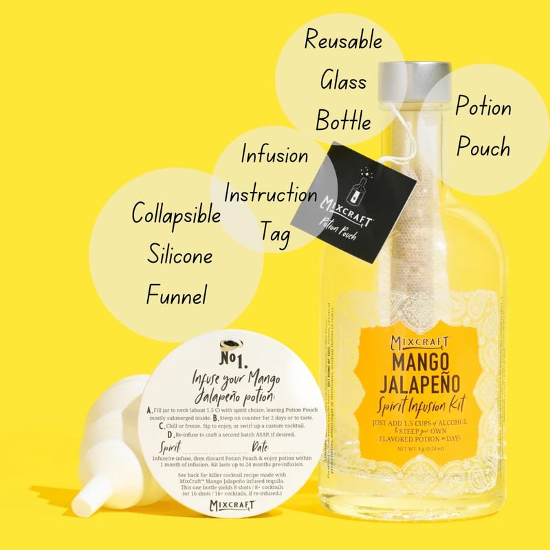 MixCraft Spirit Infusion Kit - Premium Craft Cocktail & Mocktail Mixer, Glass Bottle, Collapsible Funnel, Flavor Pouch & Recipe, Mango Jalapeño - Image 2