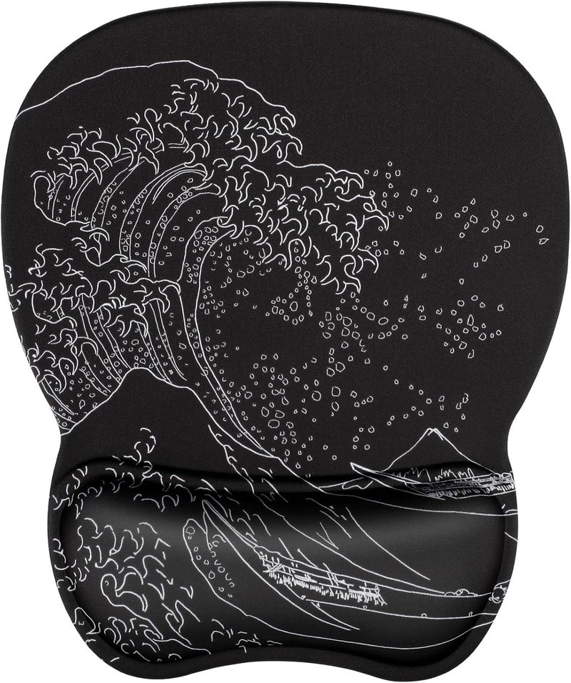 MROCO Ergonomic Mouse Pad with Gel Wrist Rest, Comfortable Mousepad with Smooth Wrist Support Surface and Non-Slip PU Base for Pain Relief, Computer, Laptop, Office & Home, 9.4 x 8.1 in, Kanagawa Wave - Image 1