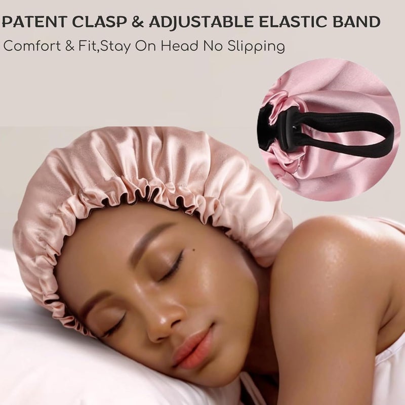 SIXHANS Satin Sleep Bonnet - Double Layer Hair Wrap with Adjustable Strap, Pink Bonnet for Curly Hair, Sleep Cap for Black Women - Image 3