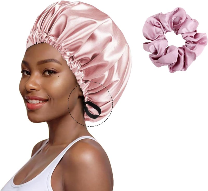 SIXHANS Satin Sleep Bonnet - Double Layer Hair Wrap with Adjustable Strap, Pink Bonnet for Curly Hair, Sleep Cap for Black Women - Image 1