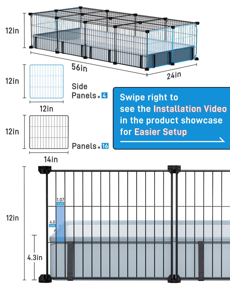 BUCATSTATE Guinea Pig Cages for 2, 20 Panels Guinea Pigs Playpen with Waterproof Mat, Metal Rabbit Cage Indoor for Hedgehogs, Quail, Chickens (56" L x 24" W x 12" H) - Image 4