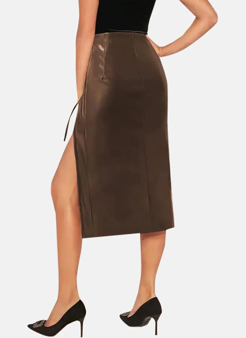 YUNIQEE Brown Midi Skirts With Slit