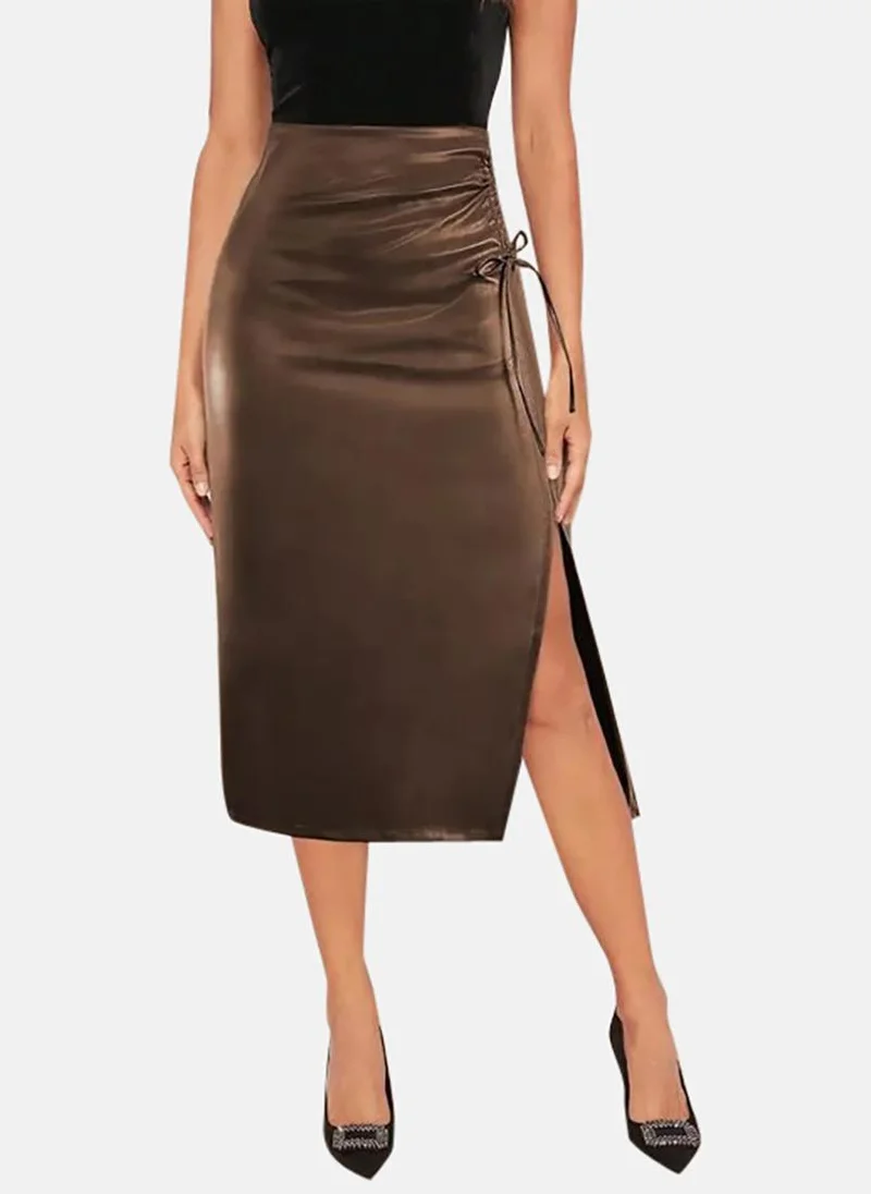YUNIQEE Brown Midi Skirts With Slit