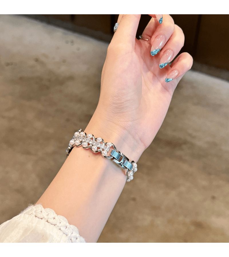 Pearl Inlaid Diamond Metal Watch Strap 18mm Mixed Colors For Smart Watch Compatible With Various Watch Models Handmade - Image 4
