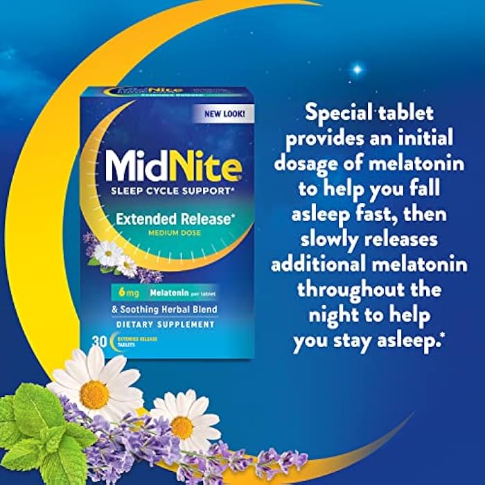 MidNite Extended Release Medium Dose, 6 mg Melatonin Sleep Aid, Non-Habit Forming, Herbal Dietary Supplement for Adults, Drug-Free, Gluten-Free, Lactose-Free, Vegetarian, Vegan, 30 Tablets - Image 5