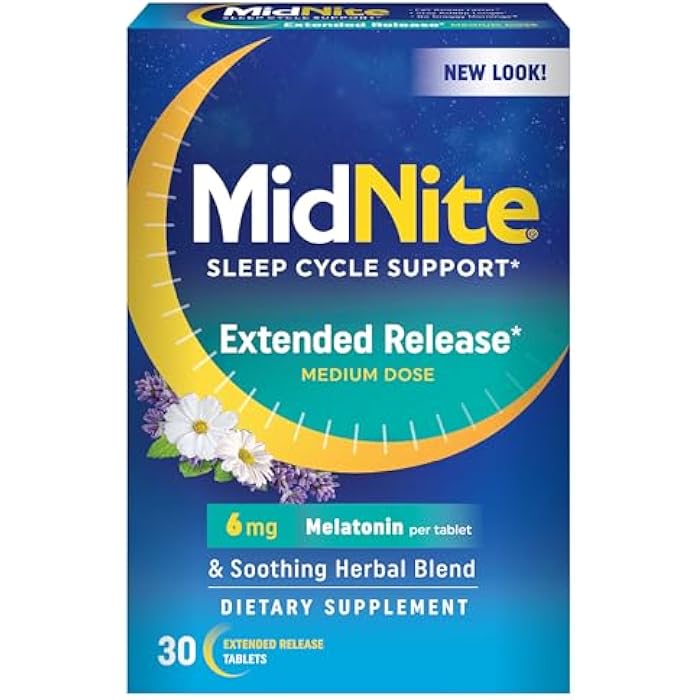 MidNite Extended Release Medium Dose, 6 mg Melatonin Sleep Aid, Non-Habit Forming, Herbal Dietary Supplement for Adults, Drug-Free, Gluten-Free, Lactose-Free, Vegetarian, Vegan, 30 Tablets - Image 1