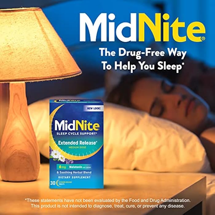 MidNite Extended Release Medium Dose, 6 mg Melatonin Sleep Aid, Non-Habit Forming, Herbal Dietary Supplement for Adults, Drug-Free, Gluten-Free, Lactose-Free, Vegetarian, Vegan, 30 Tablets - Image 2