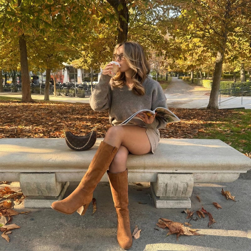 Vipost 3.3-inch Round Toe Suede Knee High Fall Boots for Women,Tall Long High Heel Chunky Block Boots with Side Zipper, Fall Winter Fasion 2025 - Image 2