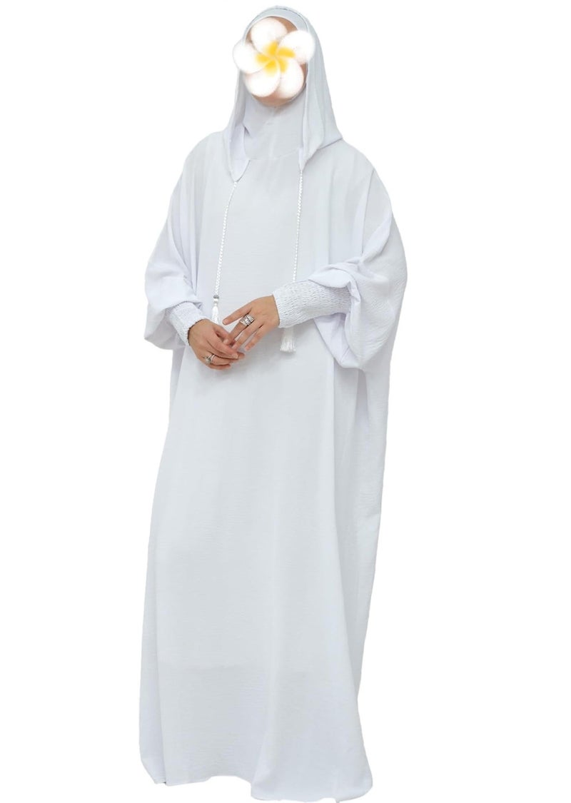 كانفاب فستان صلاة للنساء قطعة واحدة | لباس صلاة إسلامي محتشم كامل مع أكمام طويلة وغطاء رأس متصل | جلباب عباية من قطن ناعم | مناسب للصلاة والعمرة والحج | لون أبيض سادة - Image 1