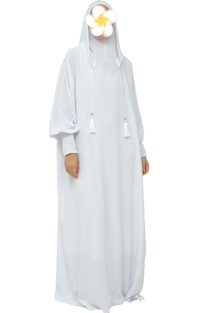 كانفاب فستان صلاة للنساء قطعة واحدة | لباس صلاة إسلامي محتشم كامل مع أكمام طويلة وغطاء رأس متصل | جلباب عباية من قطن ناعم | مناسب للصلاة والعمرة والحج | لون أبيض سادة - Image 2