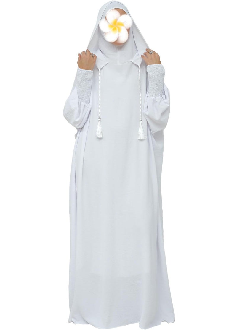 كانفاب فستان صلاة للنساء قطعة واحدة | لباس صلاة إسلامي محتشم كامل مع أكمام طويلة وغطاء رأس متصل | جلباب عباية من قطن ناعم | مناسب للصلاة والعمرة والحج | لون أبيض سادة - Image 3