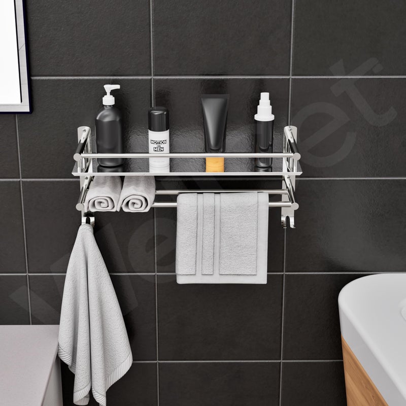 Well Set رف حائط من الفولاذ المقاوم للصدأ مع درابزينات للحمام/المطبخ/غرفة المعيشة - ملحقات مثبتة على الحائط (16x10 بوصة، كروم) - Image 4