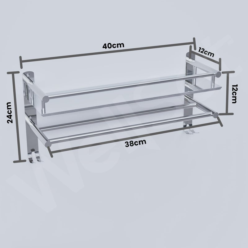 Well Set رف حائط من الفولاذ المقاوم للصدأ مع درابزينات للحمام/المطبخ/غرفة المعيشة - ملحقات مثبتة على الحائط (16x10 بوصة، كروم) - Image 5