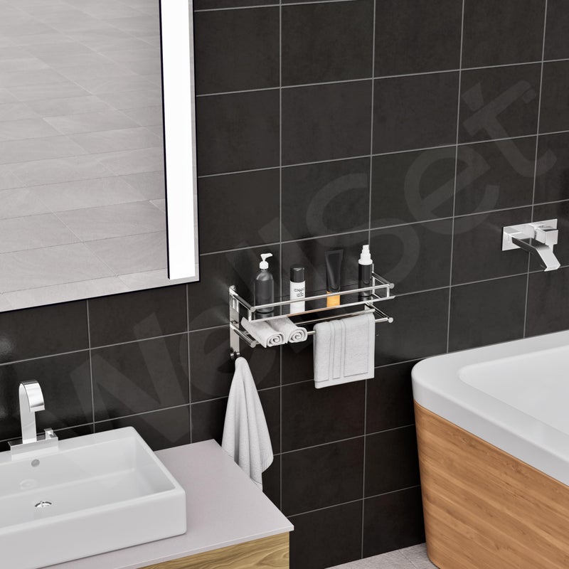 Well Set رف حائط من الفولاذ المقاوم للصدأ مع درابزينات للحمام/المطبخ/غرفة المعيشة - ملحقات مثبتة على الحائط (16x10 بوصة، كروم) - Image 2