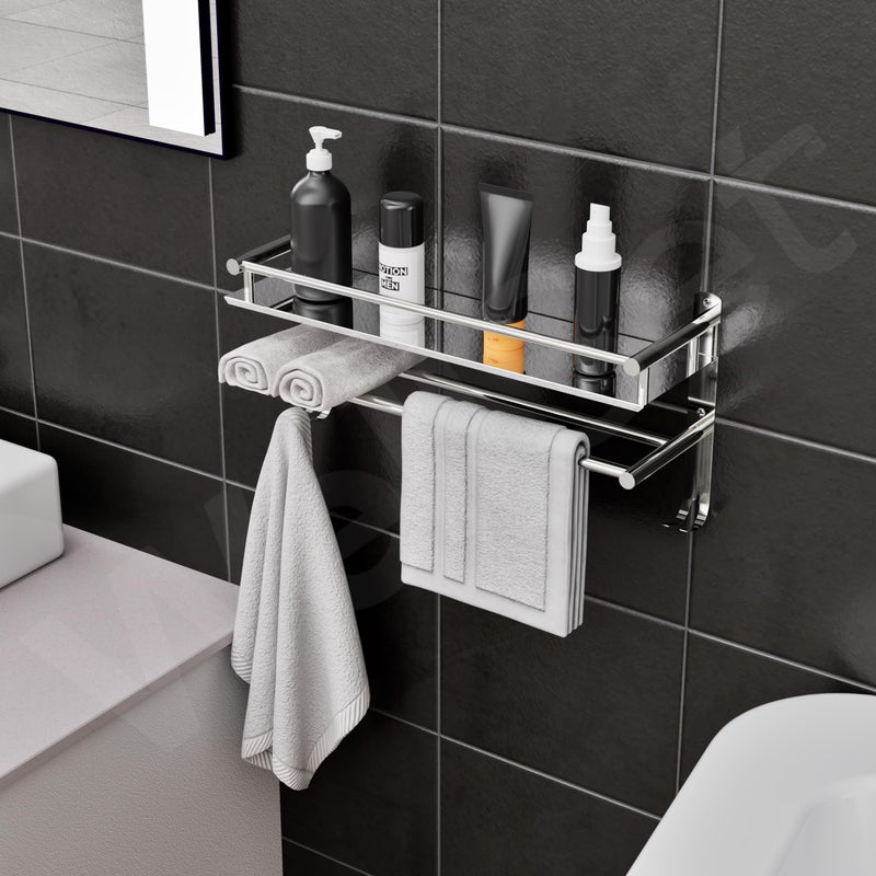 Well Set رف حائط من الفولاذ المقاوم للصدأ مع درابزينات للحمام/المطبخ/غرفة المعيشة - ملحقات مثبتة على الحائط (16x10 بوصة، كروم) - Image 3