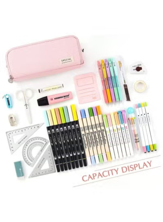 Large Capacity Pencil Case, Three Compartment Pencil Case, Suitable for School Teenagers, Girls, Boys, And Women's Stationery Bag, Convenient Storage Bag, Outdoor Travel Storage Bag - Pink - Image 2
