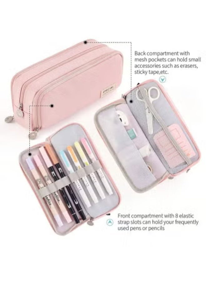 Large Capacity Pencil Case, Three Compartment Pencil Case, Suitable for School Teenagers, Girls, Boys, And Women's Stationery Bag, Convenient Storage Bag, Outdoor Travel Storage Bag - Pink - Image 3