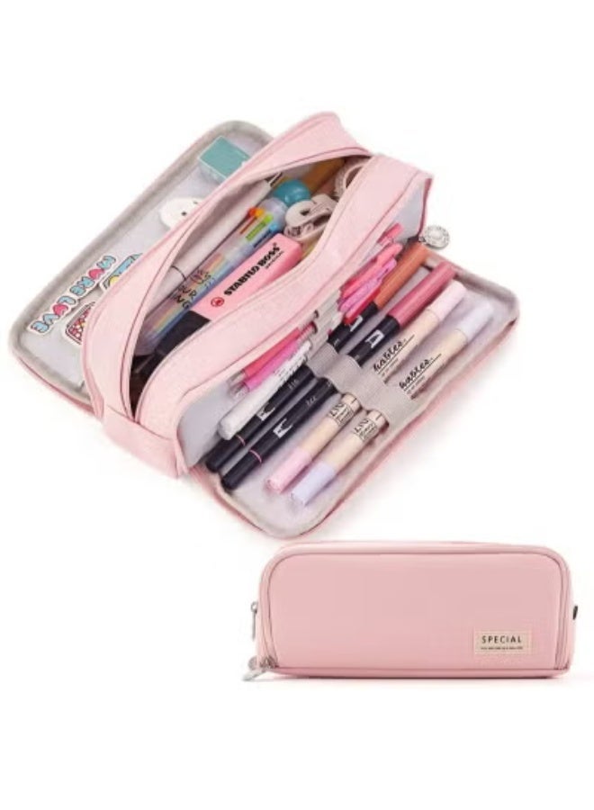 Large Capacity Pencil Case, Three Compartment Pencil Case, Suitable for School Teenagers, Girls, Boys, And Women's Stationery Bag, Convenient Storage Bag, Outdoor Travel Storage Bag - Pink - Image 1
