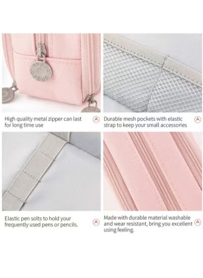 Large Capacity Pencil Case, Three Compartment Pencil Case, Suitable for School Teenagers, Girls, Boys, And Women's Stationery Bag, Convenient Storage Bag, Outdoor Travel Storage Bag - Pink - Image 5