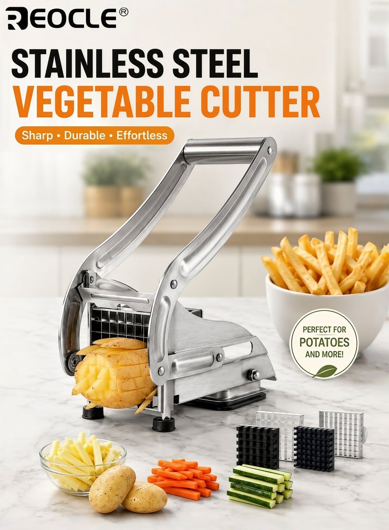 REOCLE Stainless Steel Fruit Vegetable Cutter Heavy Duty Potato Chipper French Fries Slicer for Carrot Cucumber Onion Multi-Purpose Kitchen Chopper - Image 2
