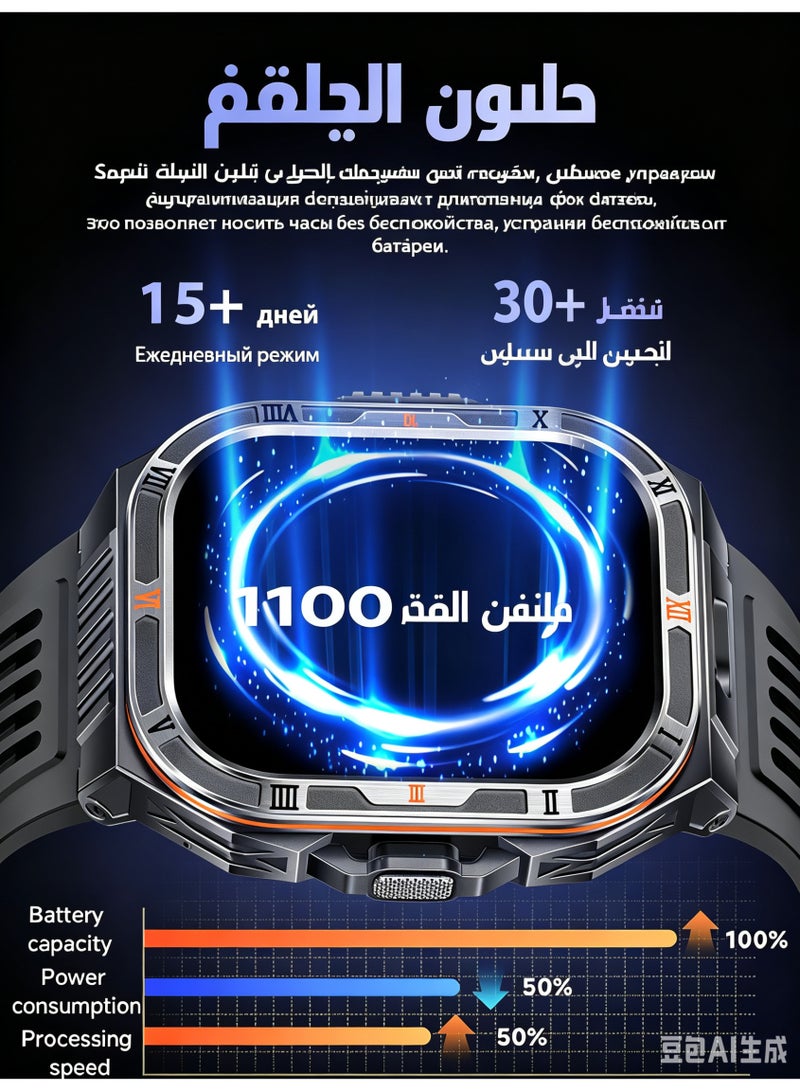ساعة ذكية عسكرية 2026 للرجال، شاشة AMOLED HD 2.01 بوصة، مكالمات بلوتوث، متتبع لياقة بدنية مع مراقب معدل ضربات القلب و SpO2 والنوم، مقاومة للماء IP68 لنظامي Android و iOS - Image 3