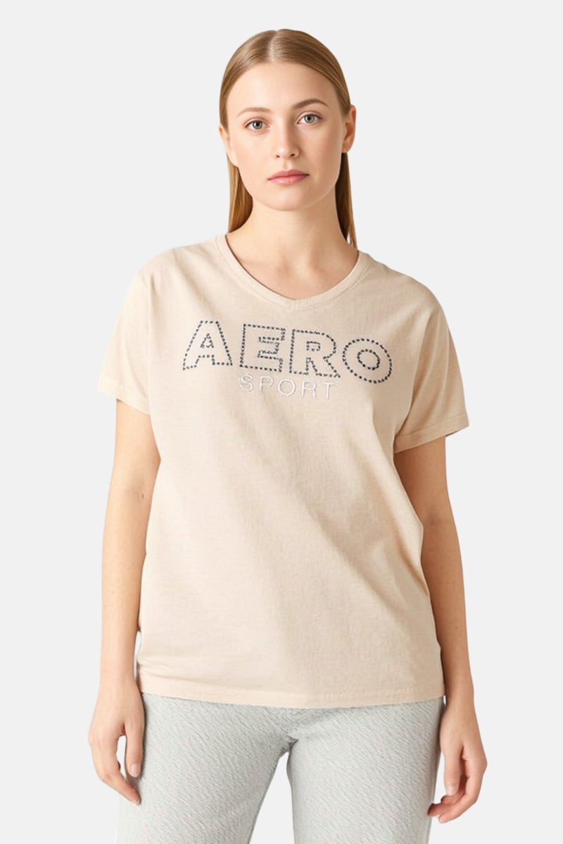 Aeropostale تي شيرت تدريب قصير الأكمام للنساء بحجم كبير، بيج - Image 1