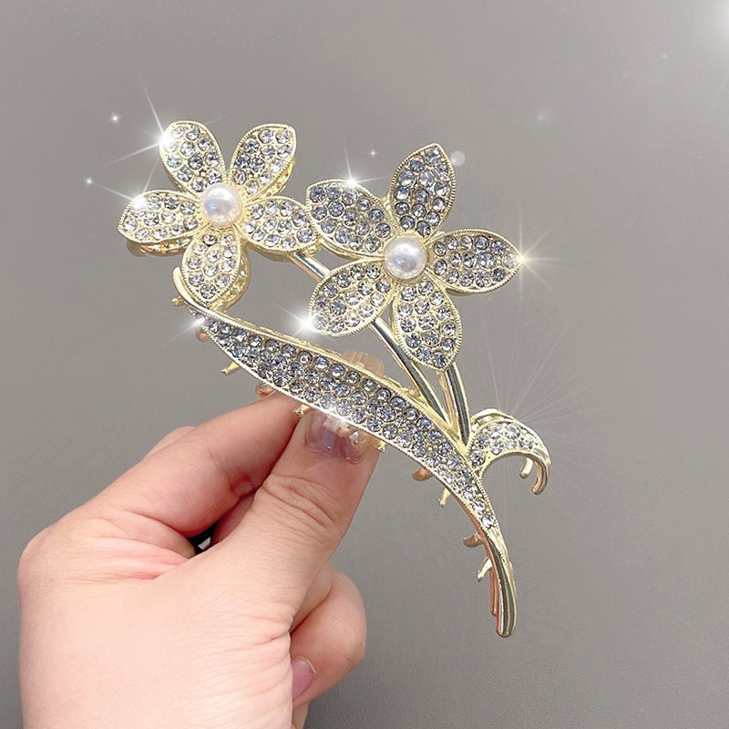 Generic Elegant Alloy Shark Hair Clip for Women full diamond double flower