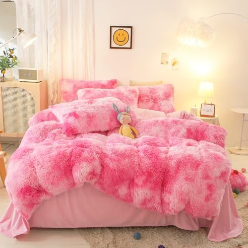 SUCSES Pink Fluffy Duvet Cover Set Twin Size Plush Shaggy Faux Fur Bedding Set for Girls Kids Teens Colorful Tie Dye Rainbow Furry Pink Comforter Cover Set (Hot Pink, Twin) - Image 2