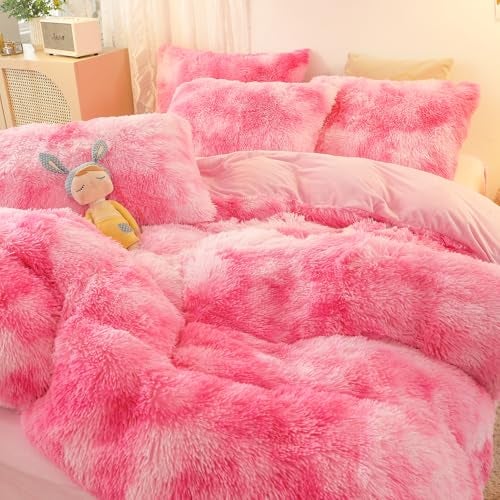 SUCSES Pink Fluffy Duvet Cover Set Twin Size Plush Shaggy Faux Fur Bedding Set for Girls Kids Teens Colorful Tie Dye Rainbow Furry Pink Comforter Cover Set (Hot Pink, Twin) - Image 1