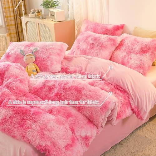 SUCSES Pink Fluffy Duvet Cover Set Twin Size Plush Shaggy Faux Fur Bedding Set for Girls Kids Teens Colorful Tie Dye Rainbow Furry Pink Comforter Cover Set (Hot Pink, Twin) - Image 4