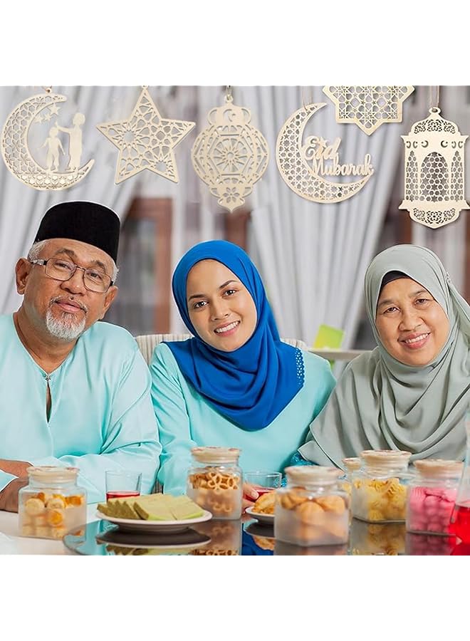 إيروريكس زينة رمضان 6 قطع كبيرة من زينة رمضان كريم الخشبية المعلقة زينة عيد مبارك زينة نجمة القمر زينة معلقة لرمضان مبارك ديكور حائط باب نافذة لوازم الحفلات - Image 2