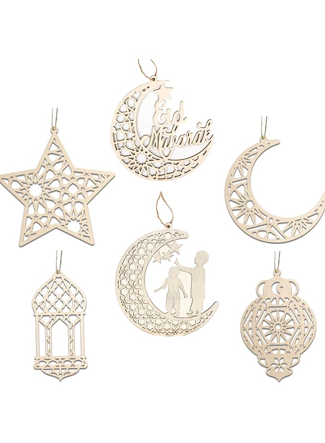 إيروريكس زينة رمضان 6 قطع كبيرة من زينة رمضان كريم الخشبية المعلقة زينة عيد مبارك زينة نجمة القمر زينة معلقة لرمضان مبارك ديكور حائط باب نافذة لوازم الحفلات - Image 1