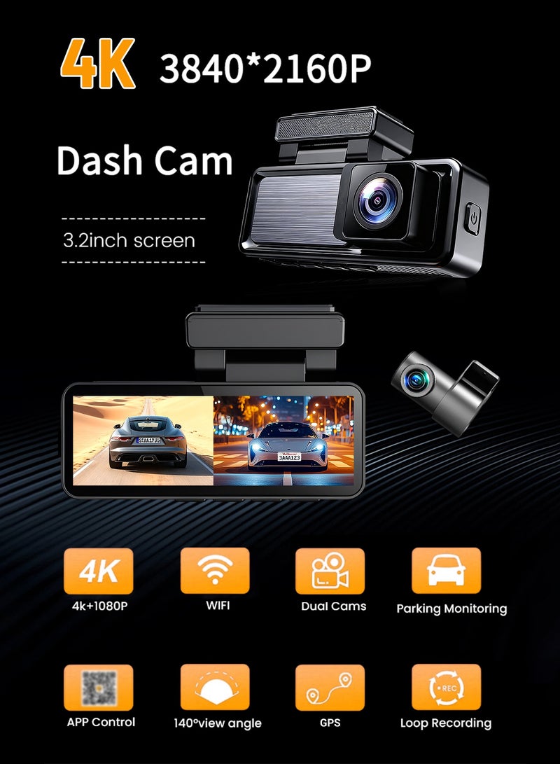 دانسينت كاميرا سيارة 4K Ultra HD 3.2 بوصة IPS 1080P كاميرا خلفية للسيارة للرؤية الليلية تحكم عبر تطبيق Wi-Fi مراقبة 24 ساعة مسجل فيديو - Image 4