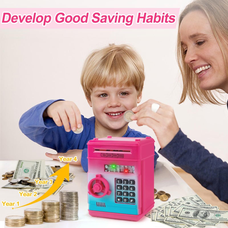 Refasy Kids Piggy Bank for Girls, Password Money Saving Box Piggy Bank Toy, Cash Coin Safe ATM Bank for Kids 3 4 5 6 7 8 9 10 11 12 Year Old Gifts Toys for Boys Girls Birthday (Rose Red) - Image 2