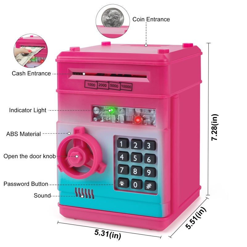 Refasy Kids Piggy Bank for Girls, Password Money Saving Box Piggy Bank Toy, Cash Coin Safe ATM Bank for Kids 3 4 5 6 7 8 9 10 11 12 Year Old Gifts Toys for Boys Girls Birthday (Rose Red) - Image 3