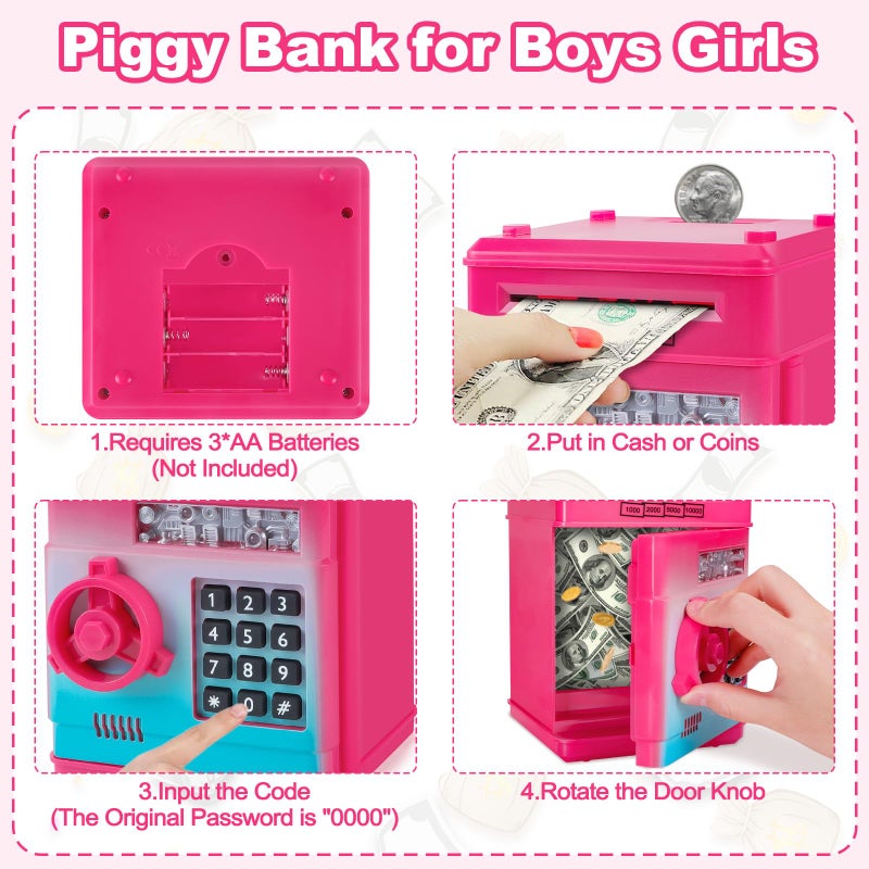 Refasy Kids Piggy Bank for Girls, Password Money Saving Box Piggy Bank Toy, Cash Coin Safe ATM Bank for Kids 3 4 5 6 7 8 9 10 11 12 Year Old Gifts Toys for Boys Girls Birthday (Rose Red) - Image 4