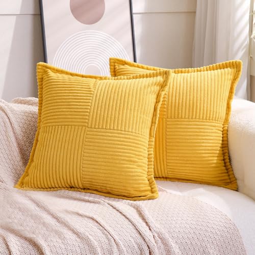Puncuntex Corduroy Yellow Throw Pillow Covers 1818 Inches Set of 2 Boho DecorativeSuper Soft Cozy Striped Cushion Covers for CouchSofaFarmhouseLiving Room4545CM - Image 1