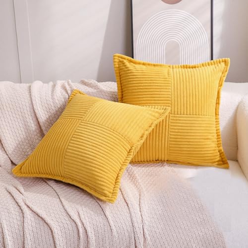 Puncuntex Corduroy Yellow Throw Pillow Covers 1818 Inches Set of 2 Boho DecorativeSuper Soft Cozy Striped Cushion Covers for CouchSofaFarmhouseLiving Room4545CM - Image 3
