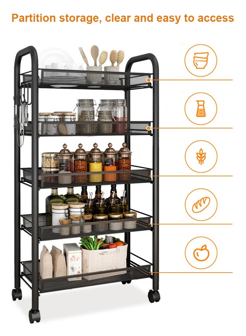 TAPIT 5-Tier Metal Mobile Storage Shelves - Rolling Utility Cart for Kitchen, Living Room & Bathroom, Multi-Layer Wire Basket Organizer for Vegetables, Fruits & Kitchenware, Small Space Rolling Shelf with Wheels (Black) - Image 4
