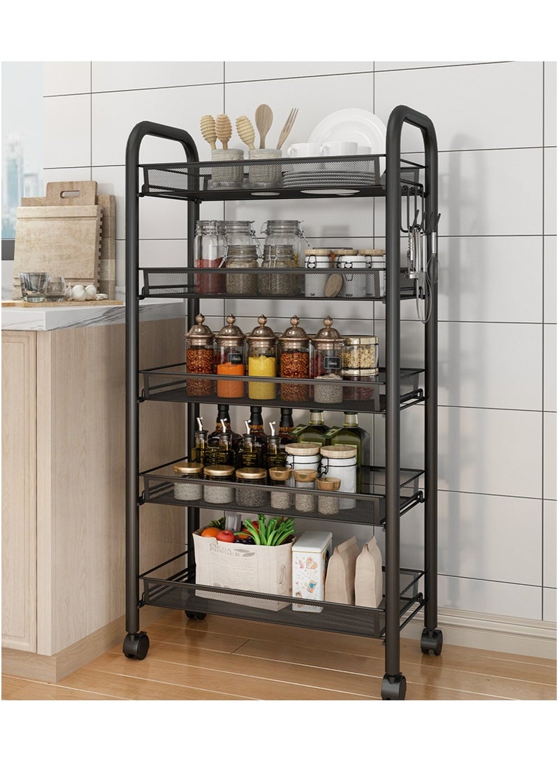 TAPIT 5-Tier Metal Mobile Storage Shelves - Rolling Utility Cart for Kitchen, Living Room & Bathroom, Multi-Layer Wire Basket Organizer for Vegetables, Fruits & Kitchenware, Small Space Rolling Shelf with Wheels (Black) - Image 1