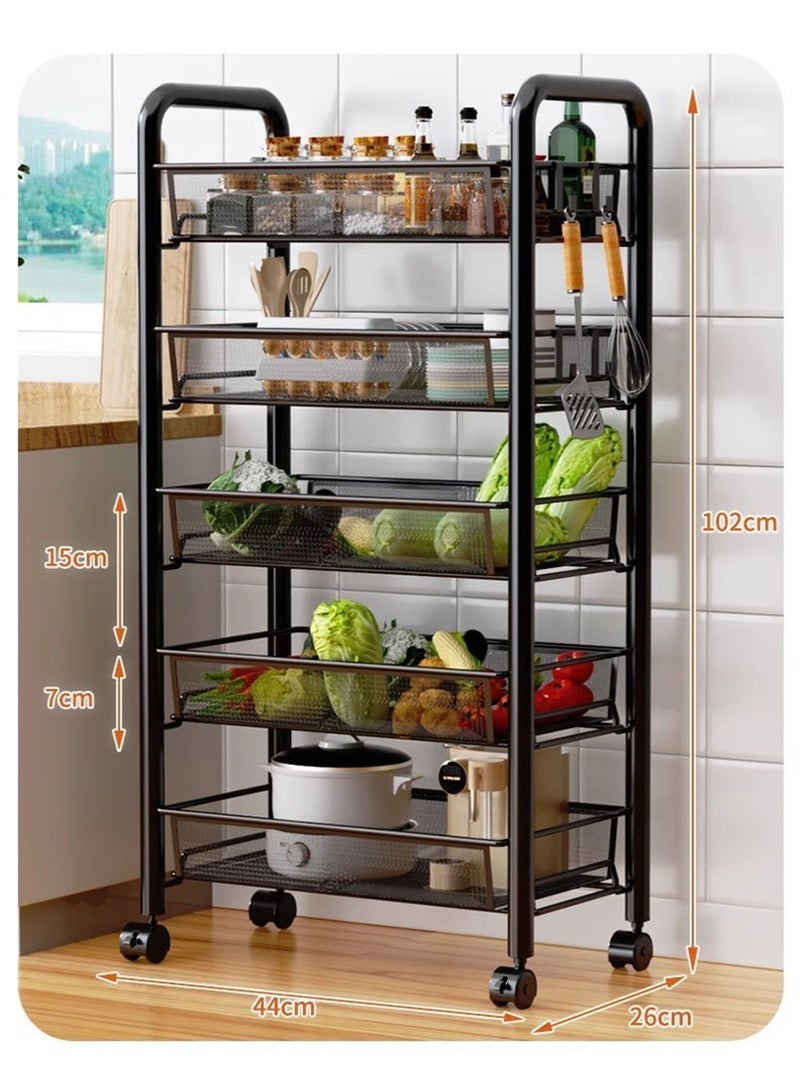 TAPIT 5-Tier Metal Mobile Storage Shelves - Rolling Utility Cart for Kitchen, Living Room & Bathroom, Multi-Layer Wire Basket Organizer for Vegetables, Fruits & Kitchenware, Small Space Rolling Shelf with Wheels (Black) - Image 3